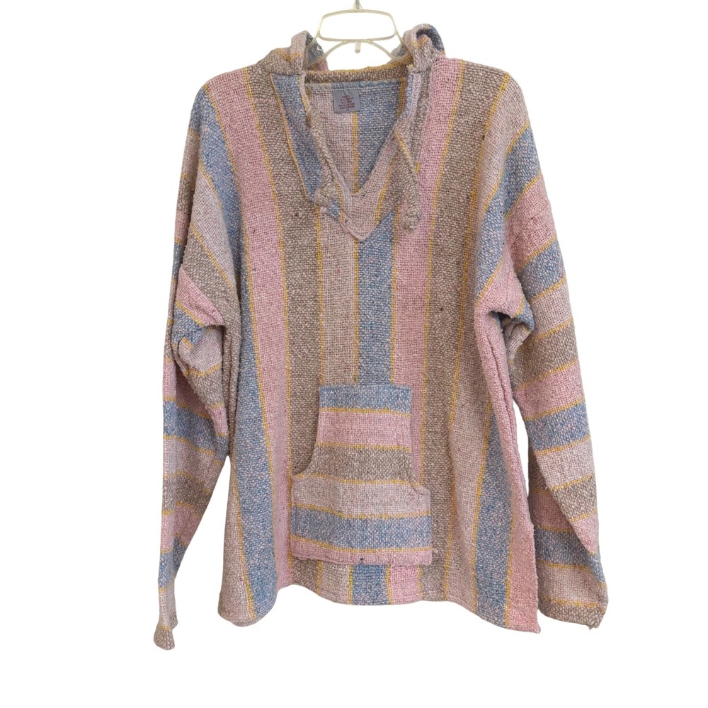 Vintage Baja Hoodie Mens XL Pastel Striped Mexican Drug Rug Pullover Pink Blue
